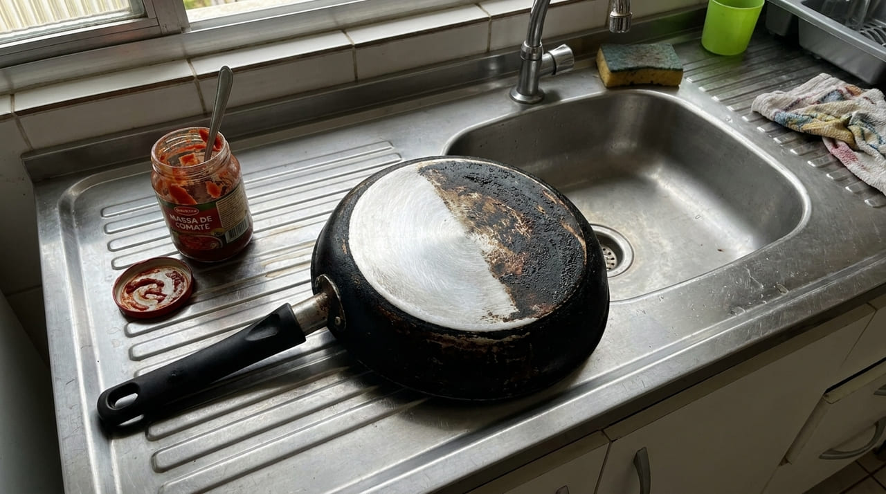 Se você queimou o fundo da frigideira passe um pouco de extrato de tomate nela e perceba como cuidar da casa fica muito mais fácil O método caseiro limpa profundamente as panelas de alumínio e devolve o brilho original ao metal.