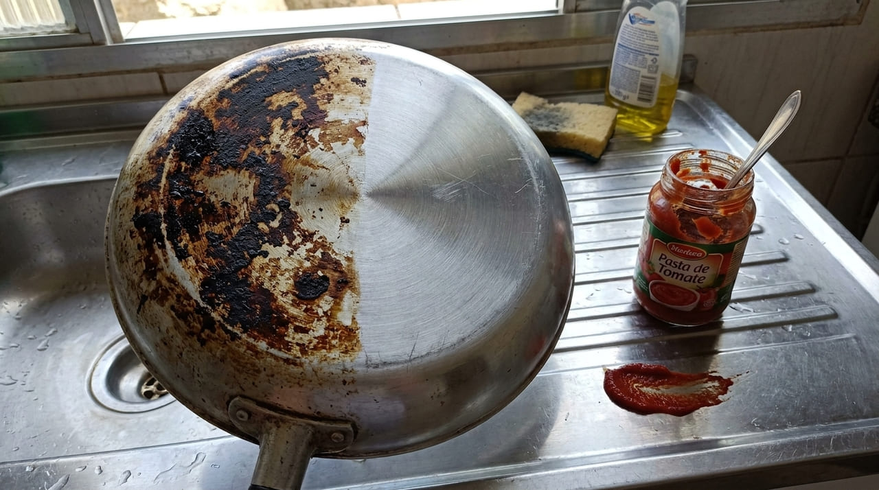 Se você queimou o fundo da frigideira passe um pouco de extrato de tomate nela e perceba como cuidar da casa fica muito mais fácil A acidez natural do extrato de tomate remove as crostas escuras do alumínio sem esforço.