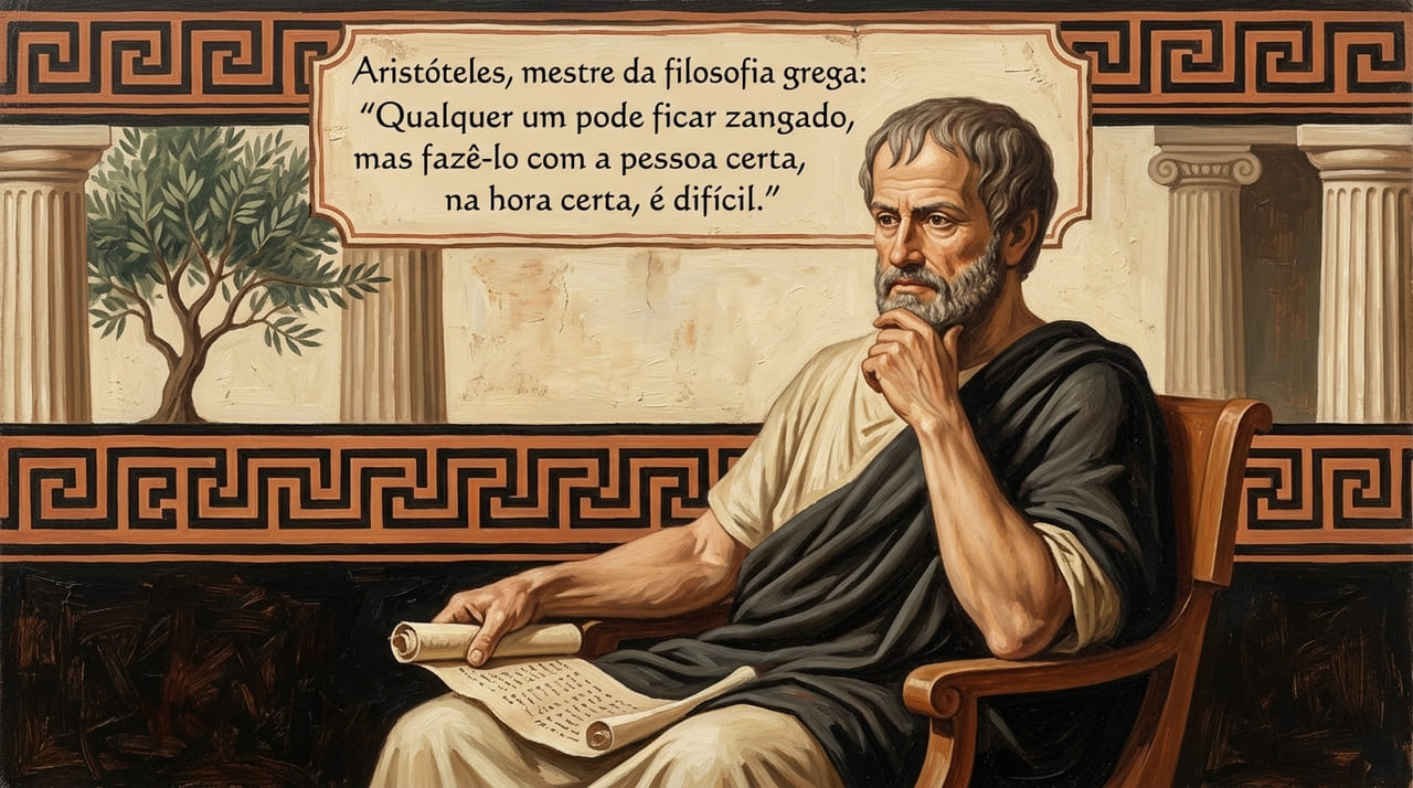 Aristóteles, mestre da filosofia grega: “Qualquer um pode se irritar, mas fazer isso com a pessoa certa e na hora certa é difícil.” A sabedoria de Aristóteles nos lembra que o verdadeiro desafio não é sentir a raiva, mas saber direcioná-la com equilíbrio.