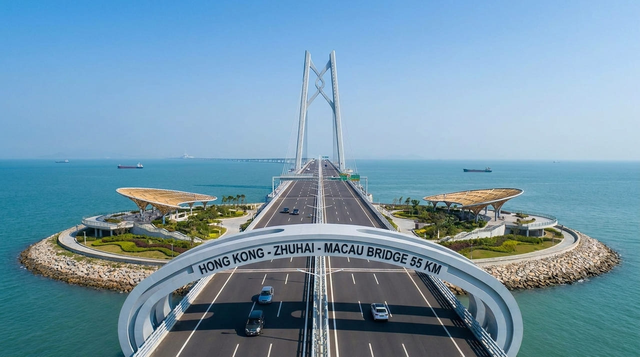 A ponte marítima mais extensa do globo com 55 km de percurso é uma maravilha da engenharia que se leva 40 minutos para atravessar e levou 9 anos para ser concluída