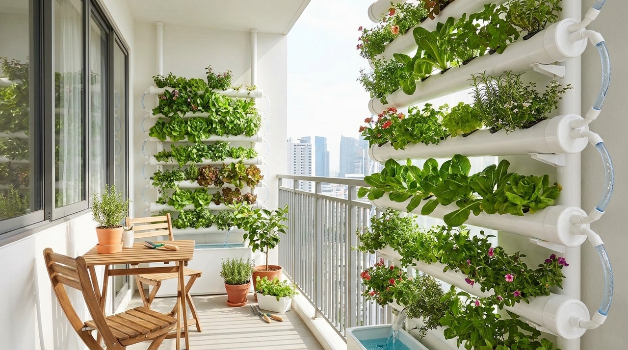 A técnica de plantio suspenso e vertical otimiza espaços pequenos e transforma varandas urbanas em refúgios verdes produtivos.