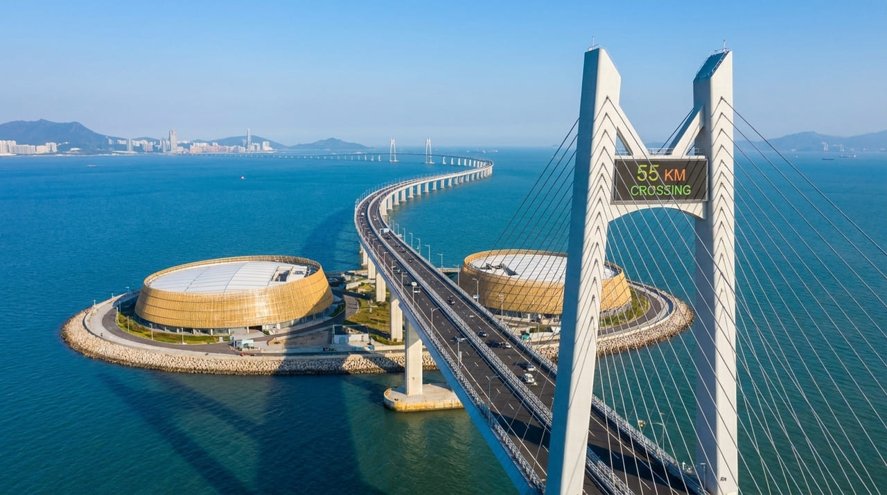 A ponte marítima mais extensa do globo com 55 km de percurso é uma maravilha da engenharia que se leva 40 minutos para atravessar e levou 9 anos para ser concluída