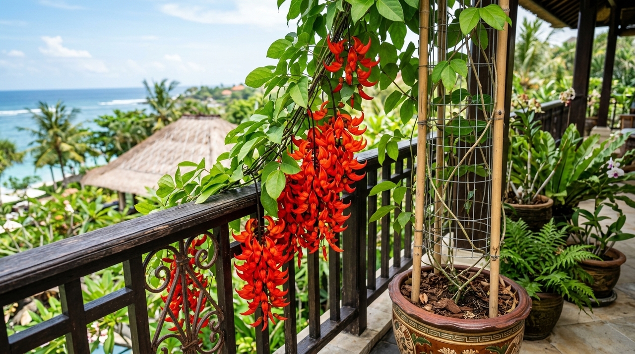 A trepadeira mais florida do jardim: como cultivá-la em vaso e transformar sua varanda Como a jade-vermelha desenvolve raízes vigorosas, o vaso precisa ter profundidade e boa drenagem.