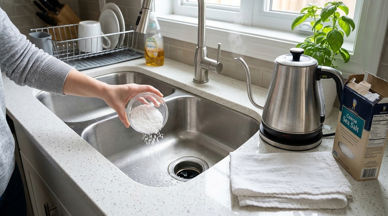 Por que colocam sal grosso no ralo da pia da cozinha? A solução simples para um problema comum em qualquer casa O sal grosso faz diferença por dois motivos principais: sua ação mecânica abrasiva e a forma como interfere no ambiente interno do encanamento.