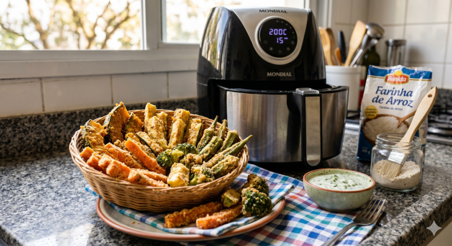 Aprenda o segredo para deixar legumes crocantes na air fryer. Receita fácil com amido de milho e temperos que garantem textura dourada e muito sabor