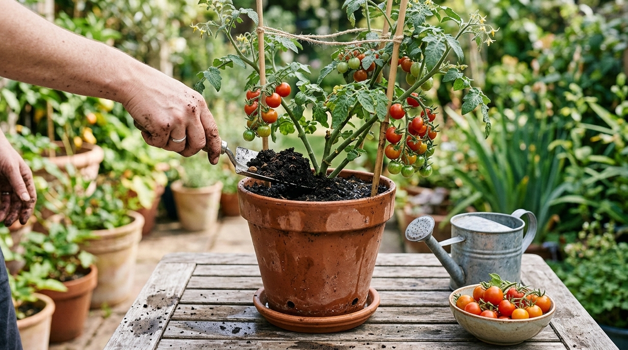 Terra, adubo e paciência: o segredo para o cultivo bem-sucedido de tomates em vaso O tamanho do vaso muda conforme o porte da variedade.
