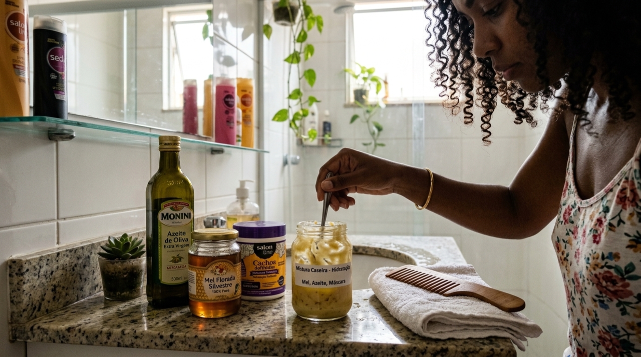 Uma proporção simples para começar é misturar uma colher de sopa de mel, uma colher de chá de azeite e duas colheres de sopa de máscara hidratante.