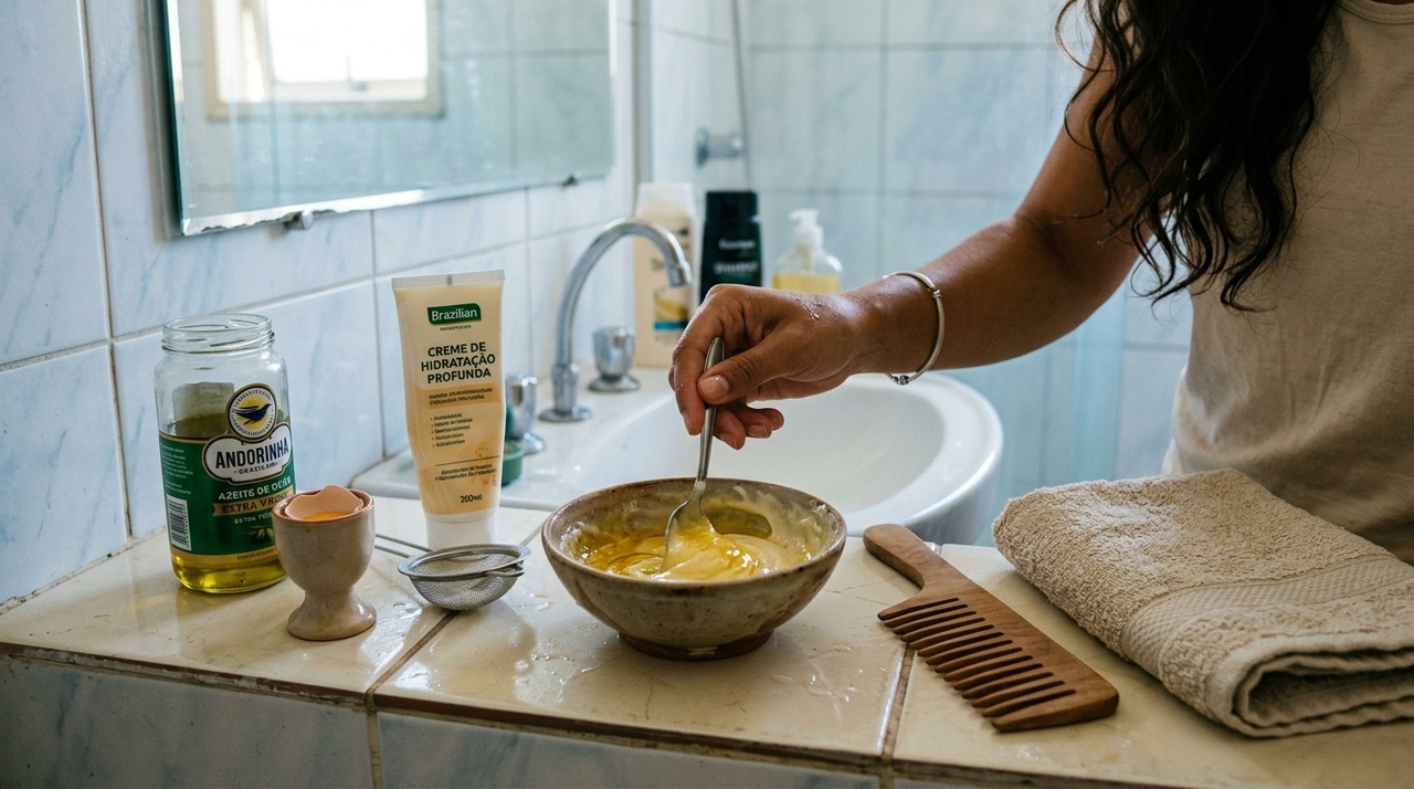 Aplique a mistura nos cabelos lavados com shampoo e ainda úmidos.