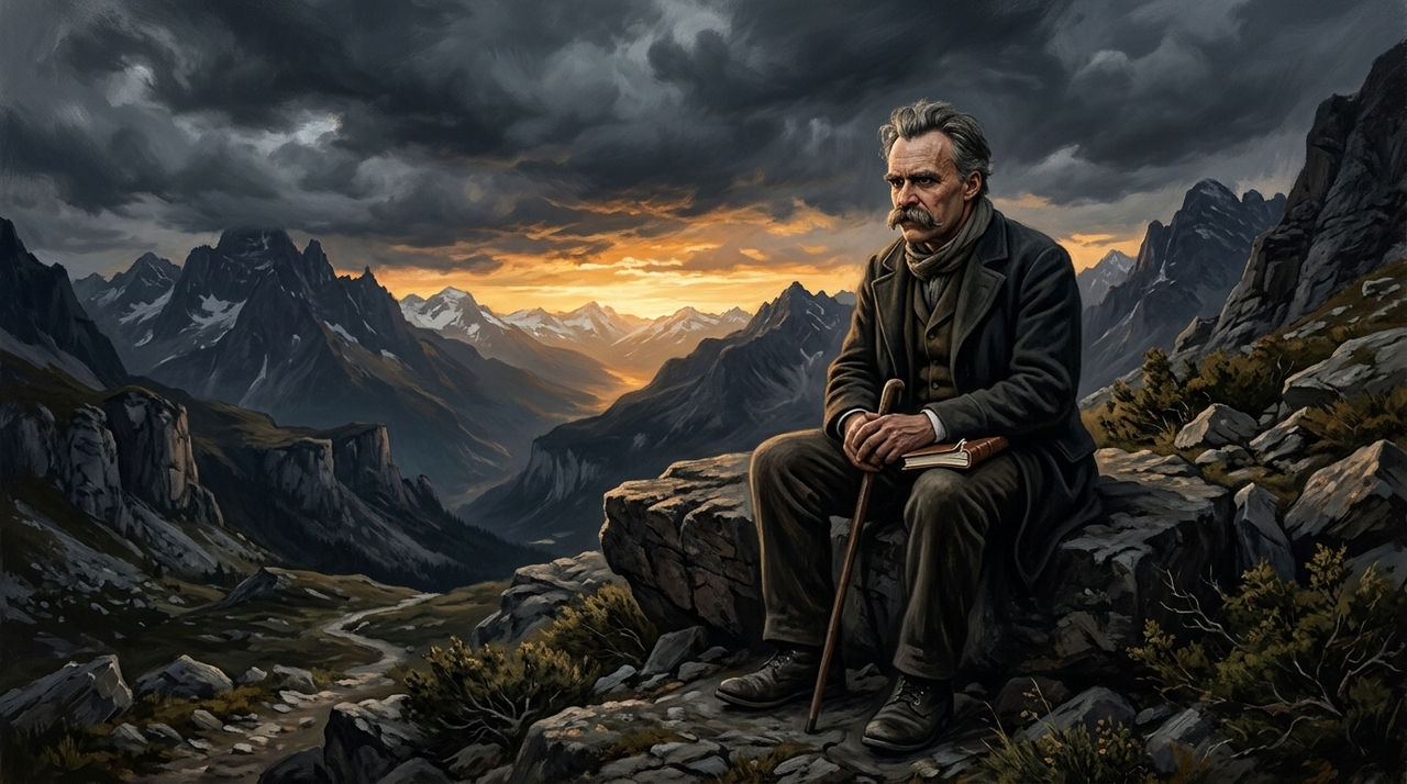 Reflexão de Nietzsche sobre força e superação: “O que não me destrói me fortalece, mas somente se eu escolher aprender com o que me abala.” No uso popular, a frase costuma virar uma mensagem simples de motivação, como se qualquer problema deixasse alguém mais forte automaticamente.
