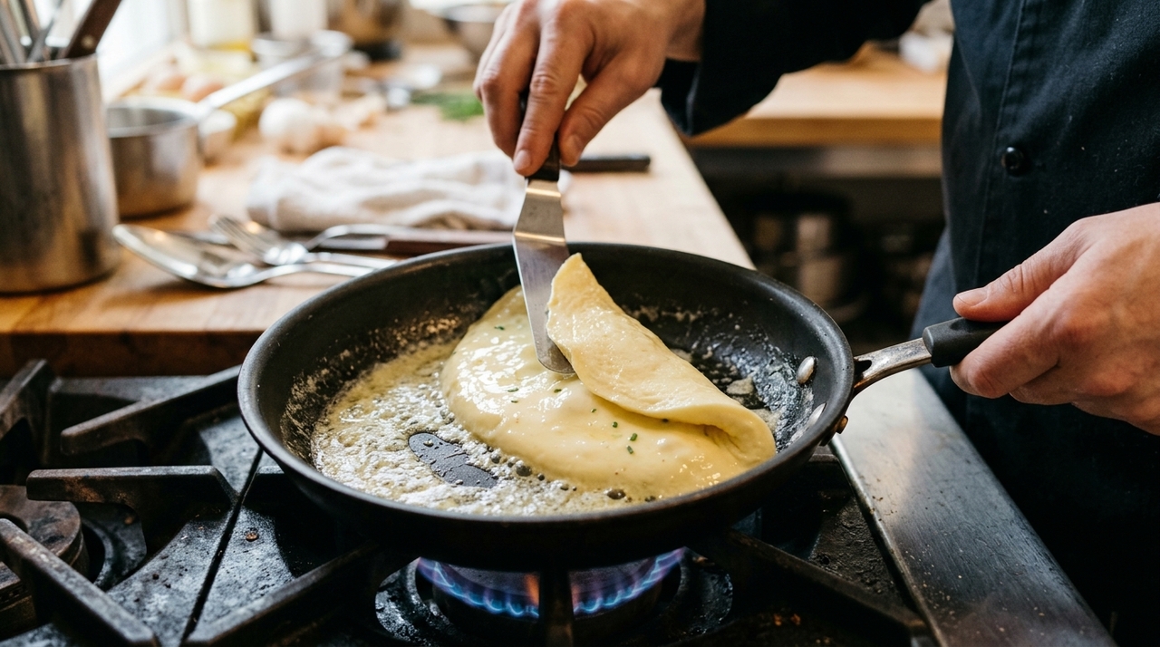 Os franceses concordam: “Para deixar o omelete mais macio e com sabor equilibrado, o segredo é adicionar uma colher de creme de leite antes de bater os ovos.” O equilíbrio é importante porque creme demais deixa o omelete pesado e dificulta a estrutura durante o cozimento