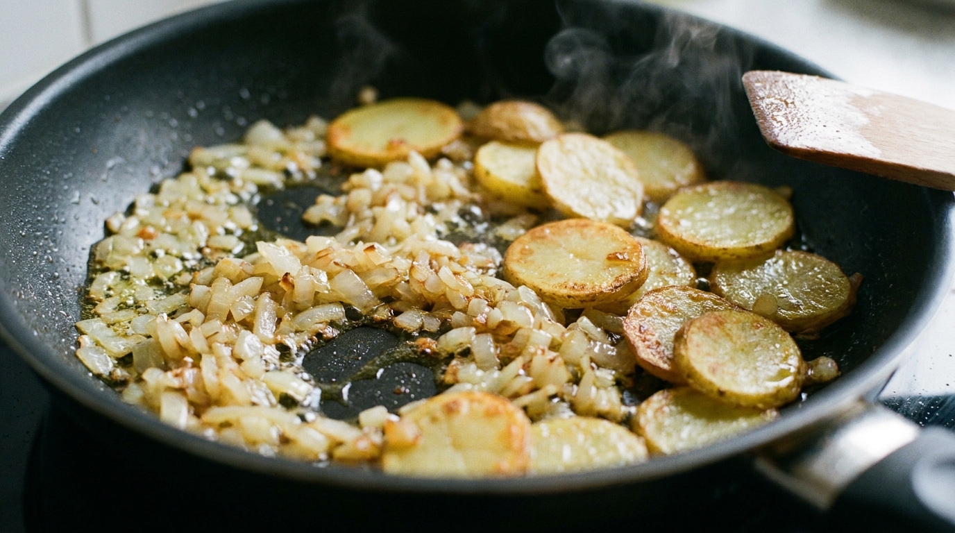 Cortar a cebola em pedaços pequenos ajuda a criar sabor e textura mais equilibrados na omelete.