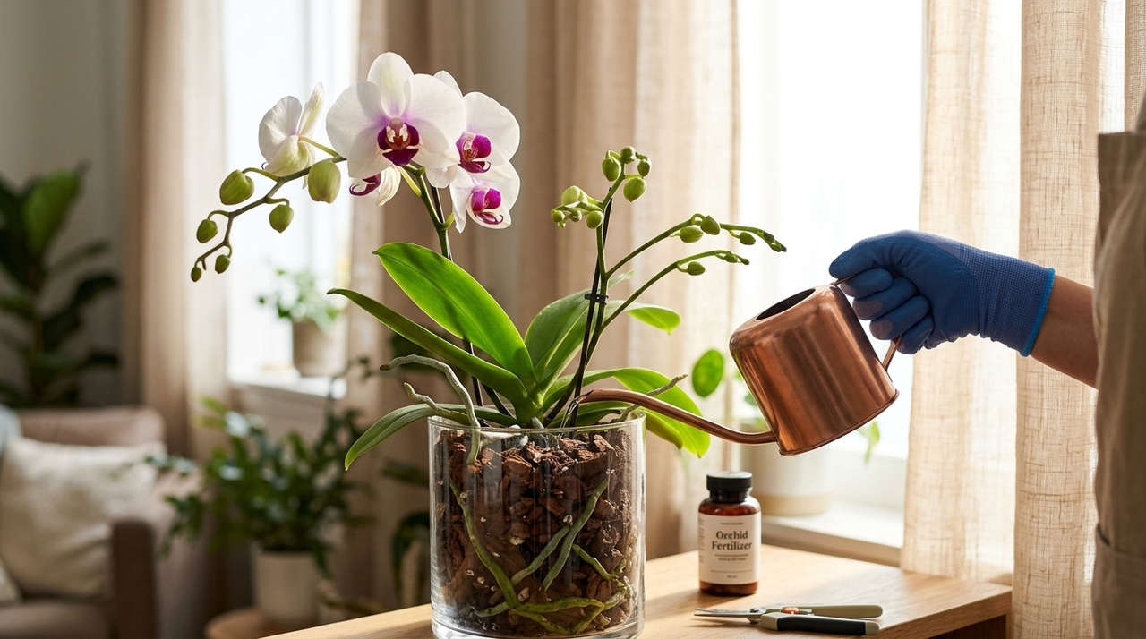 A orquídea precisa de luz indireta forte durante o dia e de uma leve queda de temperatura à noite para estimular novas florações