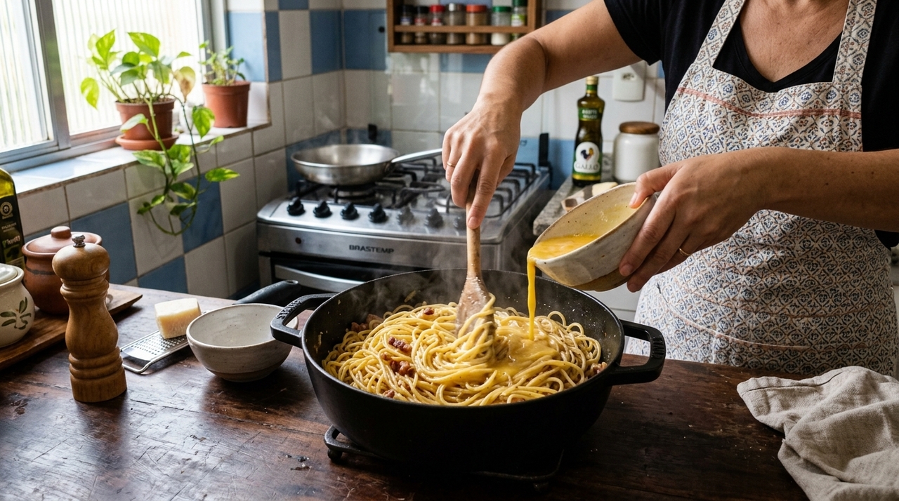 Poucas pessoas sabem, mas adicionar o ovo no momento certo pode mudar completamente o sabor do macarrão O ovo deve entrar depois que o macarrão estiver cozido e escorrido, com a panela fora do fogo