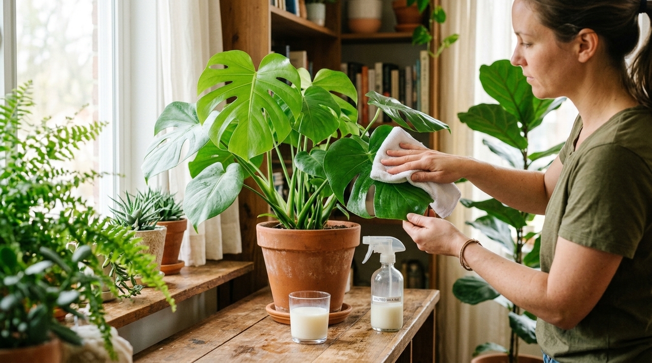 Folhas mais verdes e brilhantes: com um ingrediente da cozinha, as plantas de interior se transformam Quando bem diluído, o leite ajuda a fazer uma limpeza suave na superfície das folhas, tirando poeira e aquele aspecto opaco que atrapalha a fotossíntese.