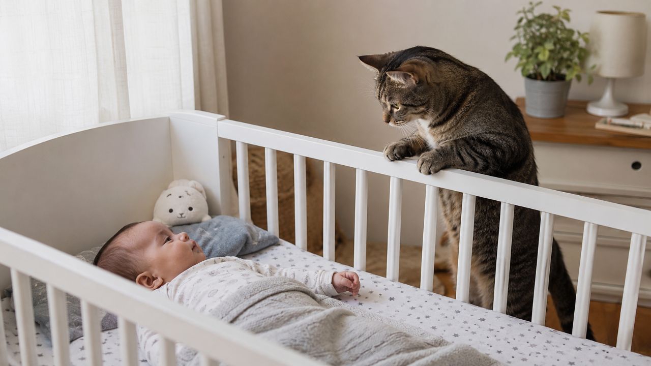 Hábitos normais, sono equilibrado e curiosidade tranquila indicam que o gato se adaptou bem ao bebê.