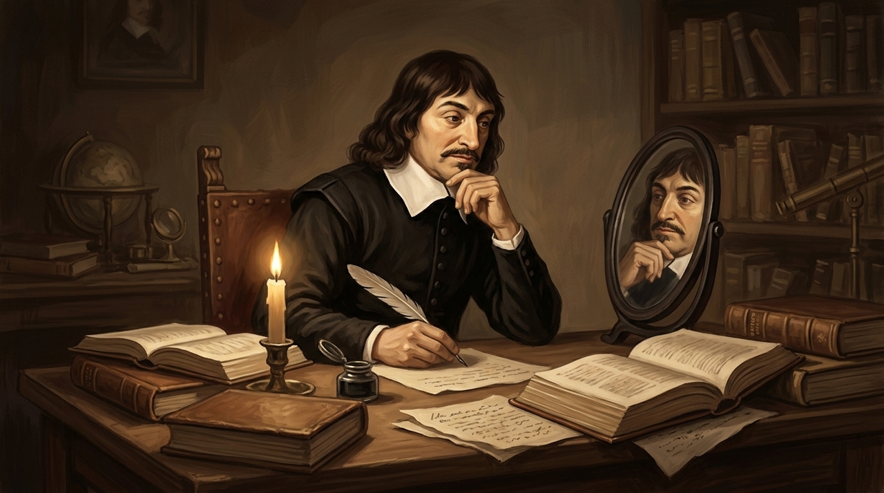 Reflexão de Descartes sobre a dúvida e a existência: “Se eu não penso, então percebo que devo estar existindo, porque se eu não existo, eu não penso.” Para Descartes, a dúvida não era sinal de fraqueza, mas um método.