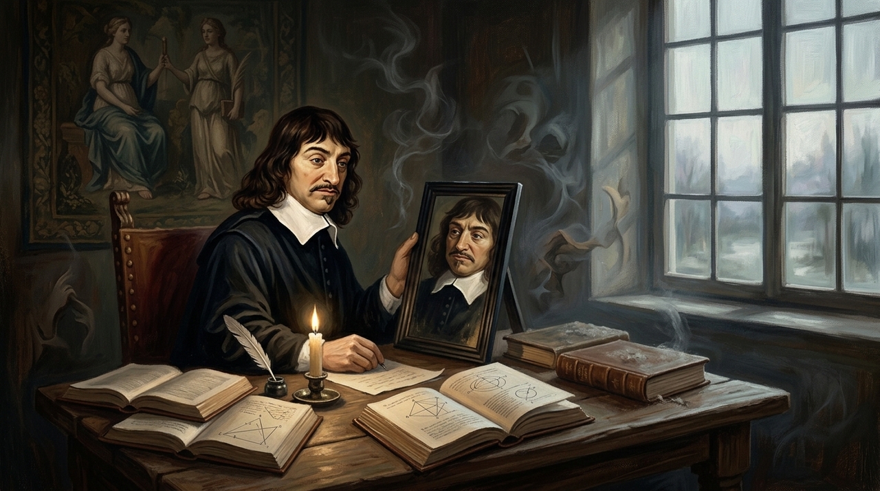 Reflexão de Descartes sobre a dúvida e a existência: “Se eu não penso, então percebo que devo estar existindo, porque se eu não existo, eu não penso.” Para Descartes, a dúvida não era sinal de fraqueza, mas um método.