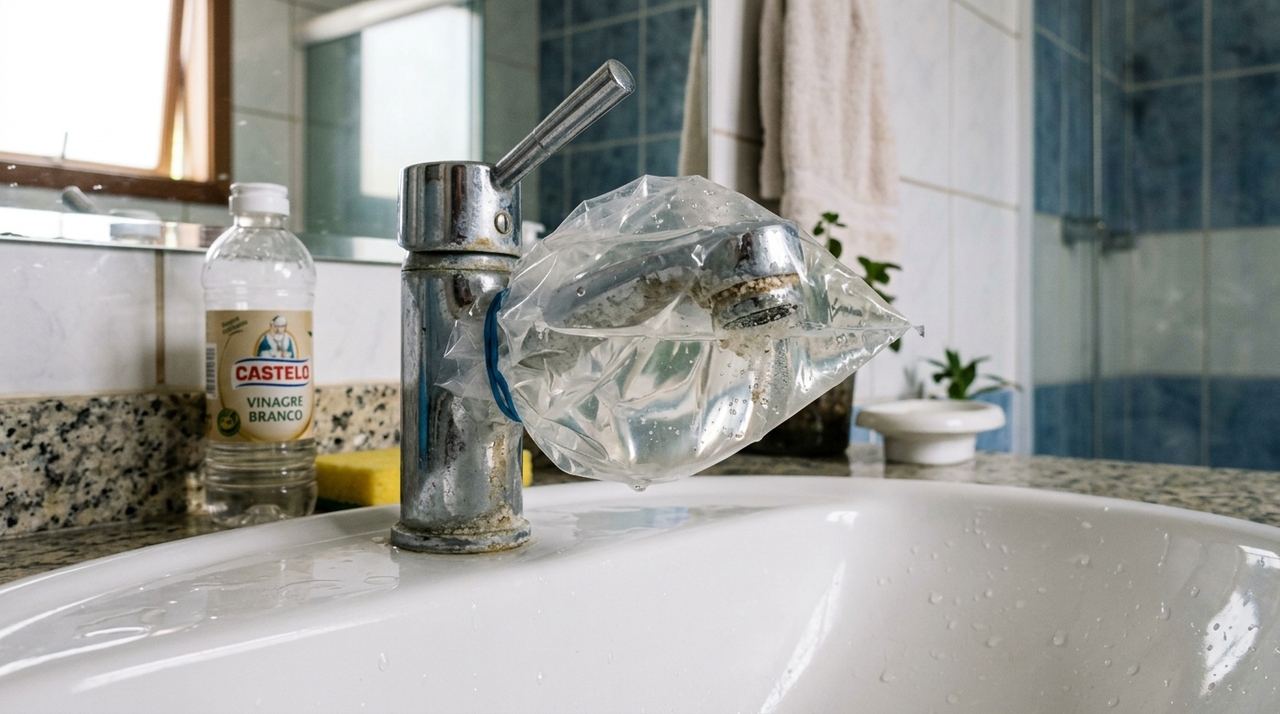 Remover o acúmulo de calcário da torneira significa dissolver os depósitos minerais que se formam onde a água toca o metal, especialmente na ponta e no arejador.