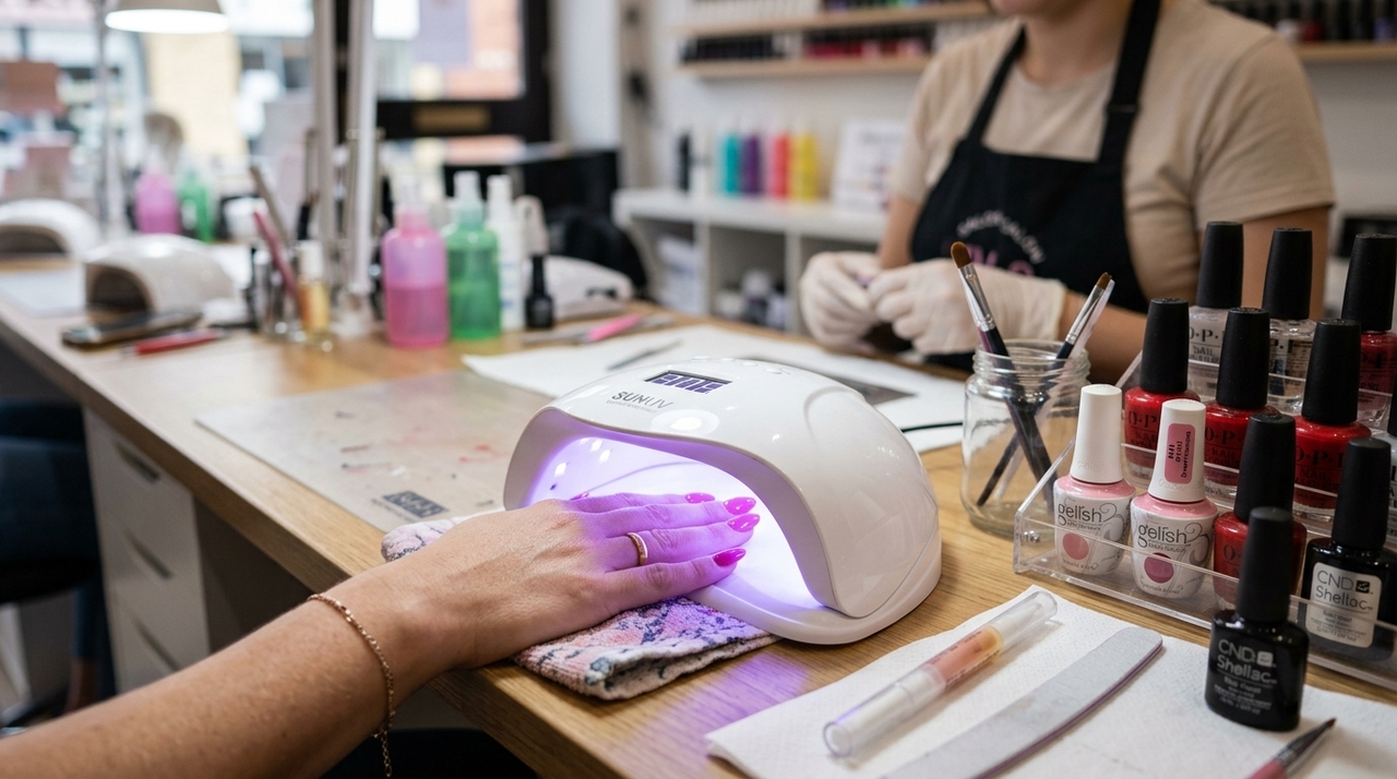 A manicure em gel consiste na aplicação de um produto em textura de gel sobre as unhas naturais ou alongamentos, seguida da cura em cabine LED ou UV.