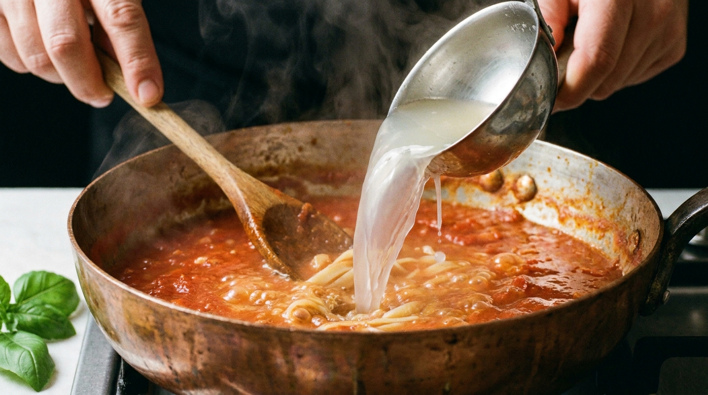 A água rica em amido ajuda o molho a aderir melhor à massa e cria textura mais cremosa.
