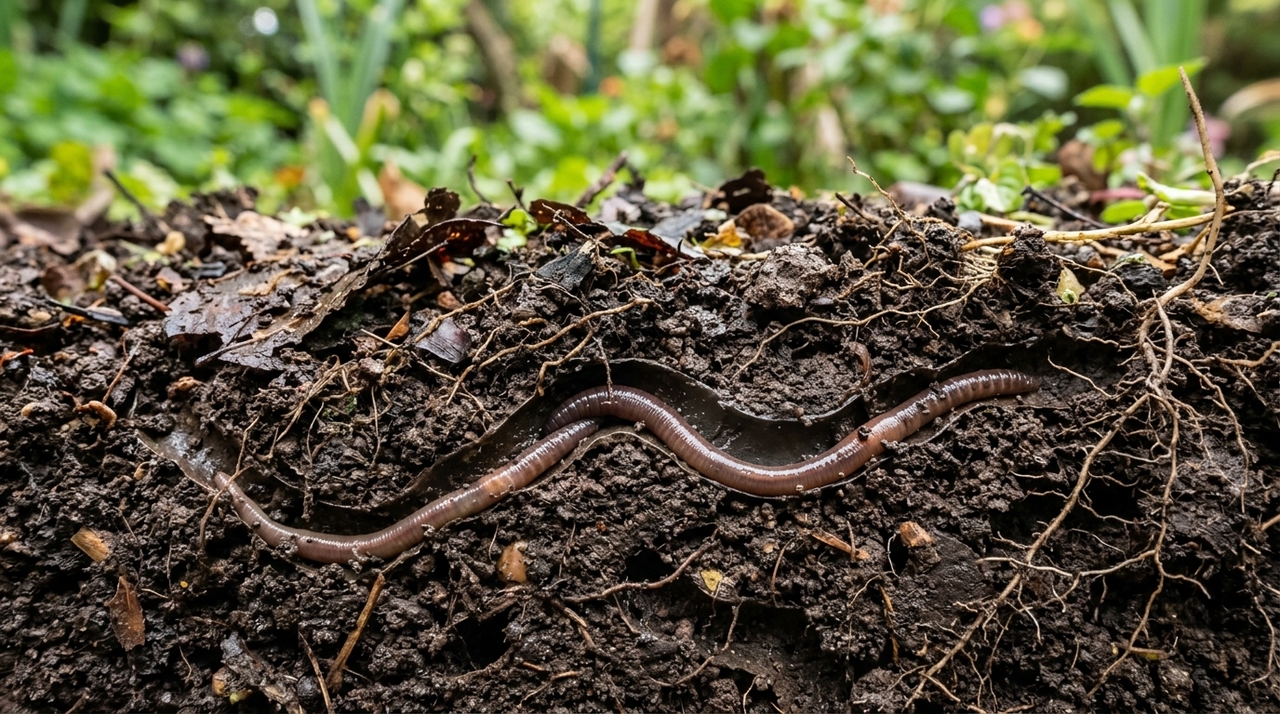 O que significa a presença de minhocas na terra do seu jardim? Uma boa presença de minhocas sugere solo mais vivo, com decomposição ativa e estrutura menos compactada
