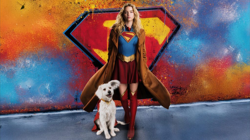 Milly Alcock como Supergirl, ao lado do cachorro Krypto