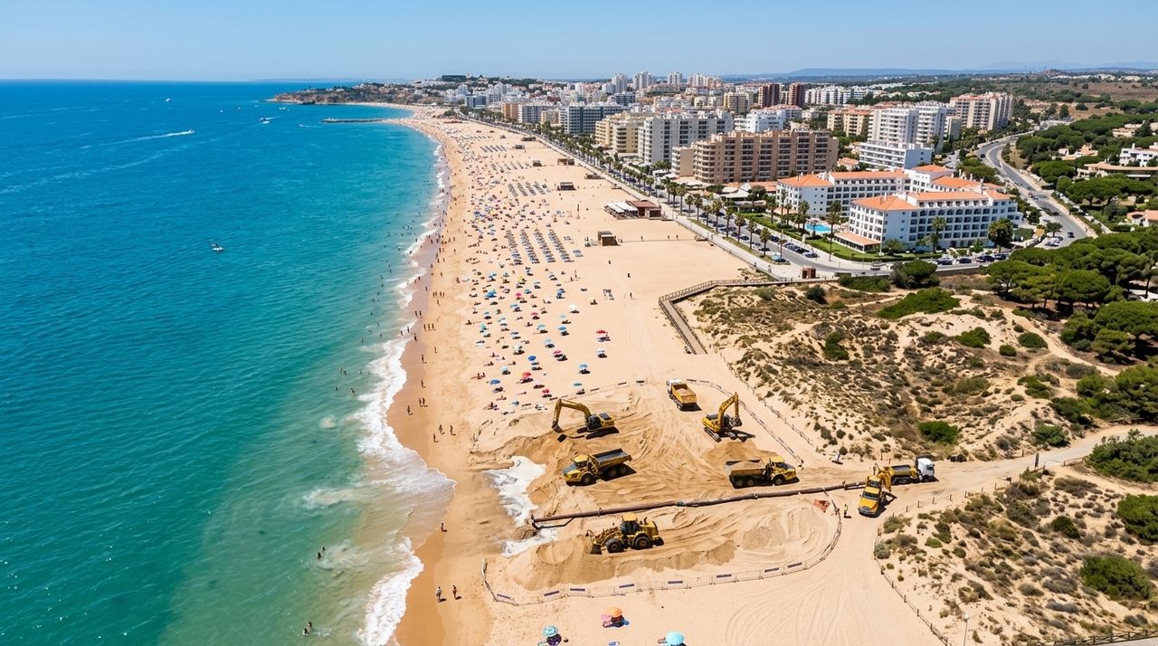 Portugal está transportando cerca de 2,2 milhões de toneladas de areia numa mega operação para salvar cerca de 37 metros de praias A intervenção ocorre entre Quarteira e Garrão, no município de Loulé, uma das áreas mais conhecidas do litoral algarvio.