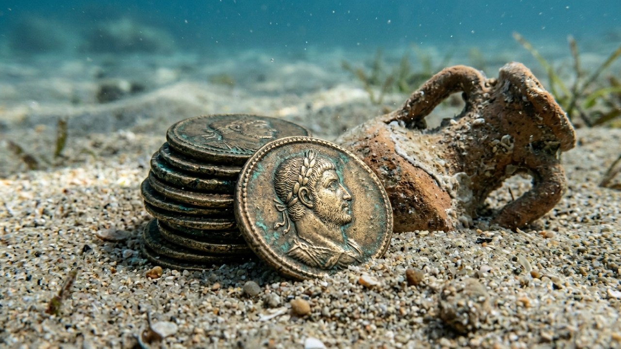 Fragmentos de ânforas encontrados junto às moedas de bronze indicam o naufrágio de uma antiga embarcação comercial. – Imagem gerada por IA