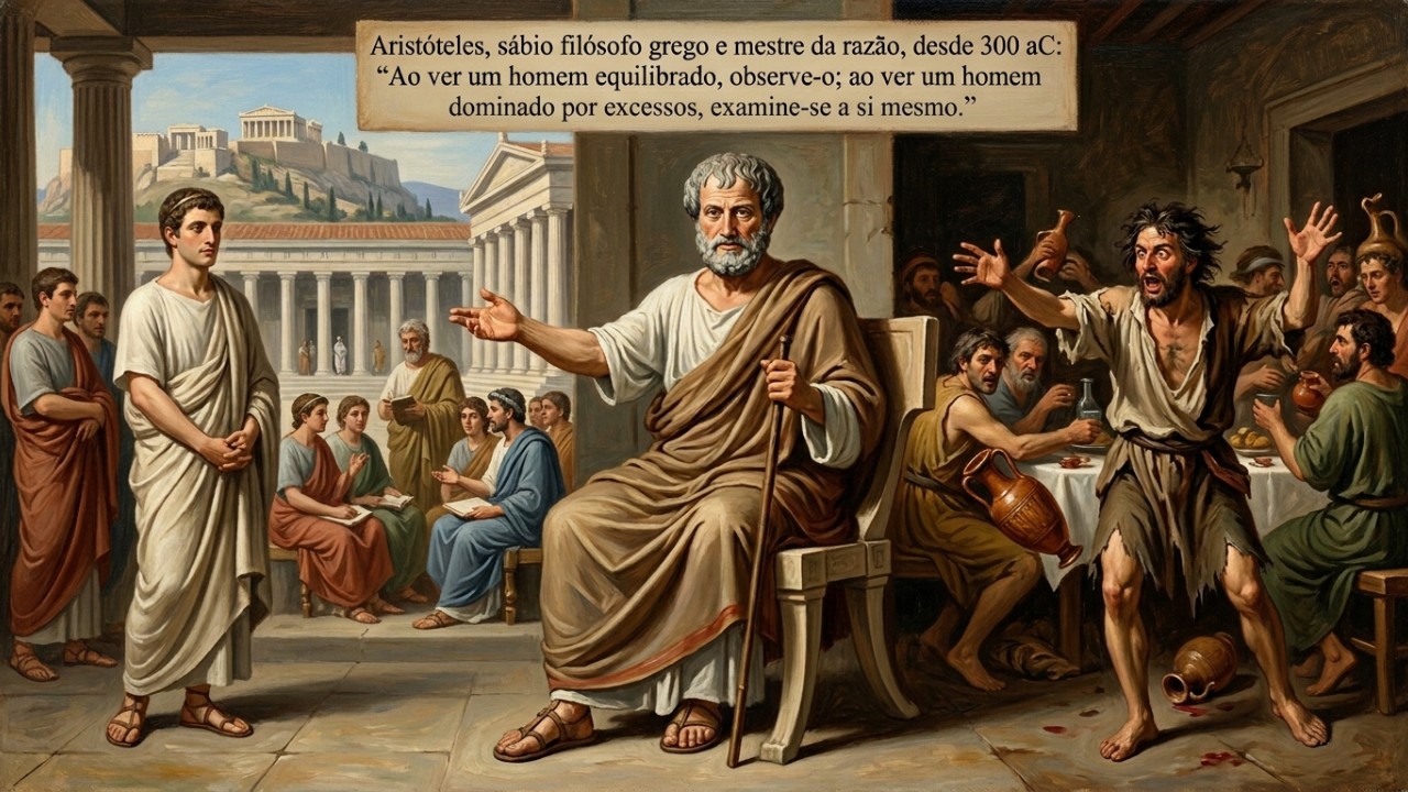 Aristóteles, sábio filósofo grego e mestre da razão, desde 300 a.C.: “Quando vires um homem equilibrado, observa-o; quando vires um homem dominado pelos excessos, examina-te a ti mesmo” Encontrar o equilíbrio diário por meio da moderação protege nossa saúde mental contra a busca desenfreada por resultados imediatos. – Imagem gerada por IA
