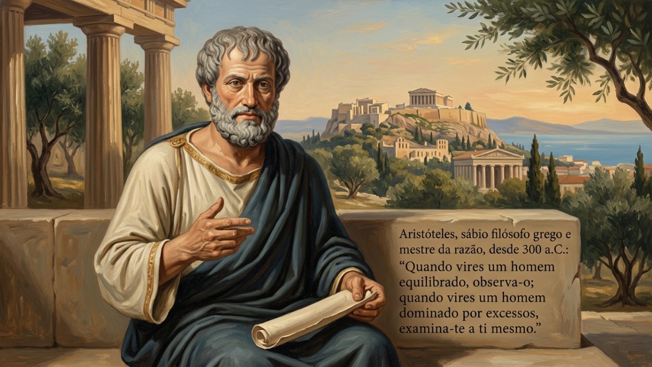 Aristóteles, sábio filósofo grego e mestre da razão, desde 300 a.C.: “Quando vires um homem equilibrado, observa-o; quando vires um homem dominado pelos excessos, examina-te a ti mesmo” A ética aristotélica e a busca pelo justo meio termo servem como um escudo contra as pressões e os excessos da rotina de trabalho moderna. – Imagem gerada por IA
