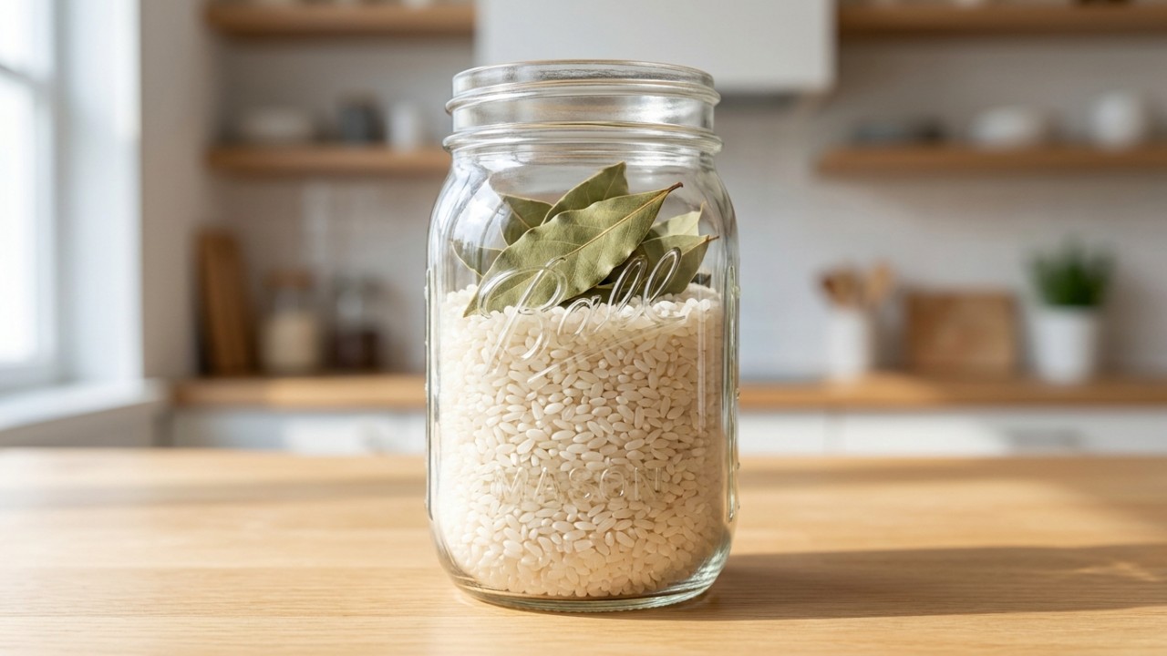 Colocar folhas de louro nos potes de grãos e nos cantos das gavetas cria um escudo aromático que protege os alimentos e as roupas. – Imagem gerada por IA