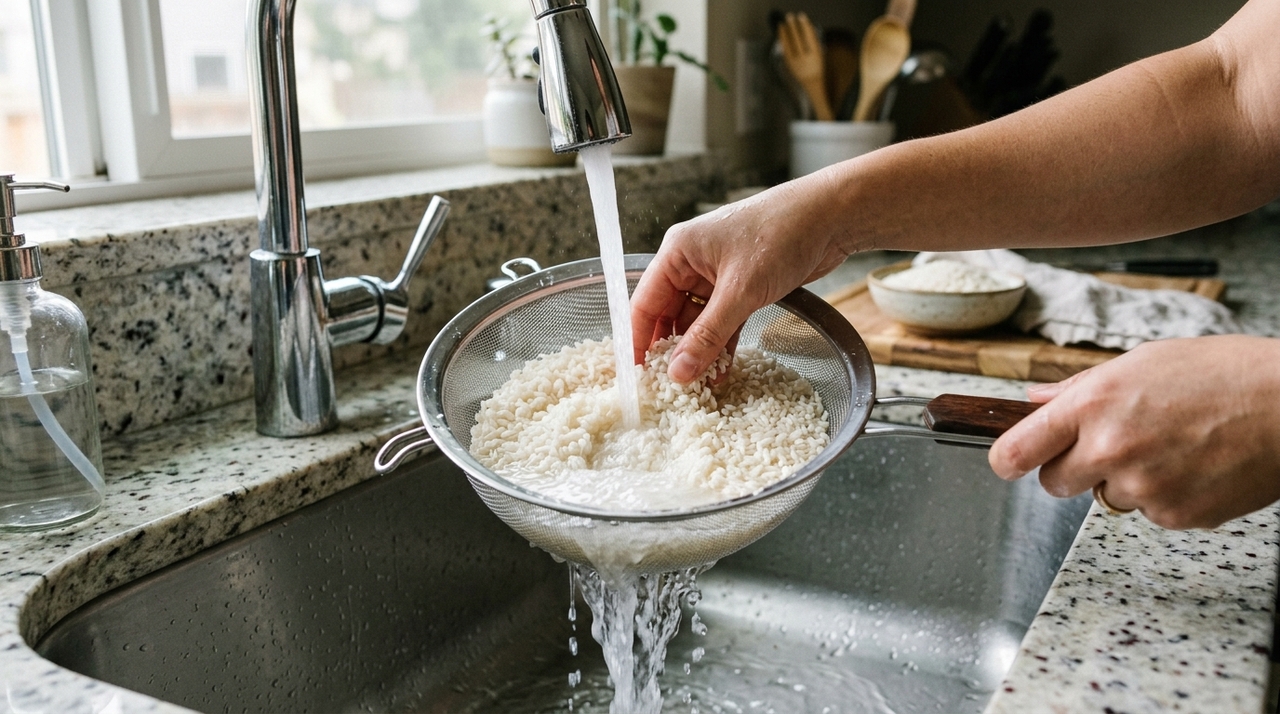 Depois que o arroz começa a cozinhar, mexer várias vezes pode quebrar os grãos e liberar ainda mais amido.