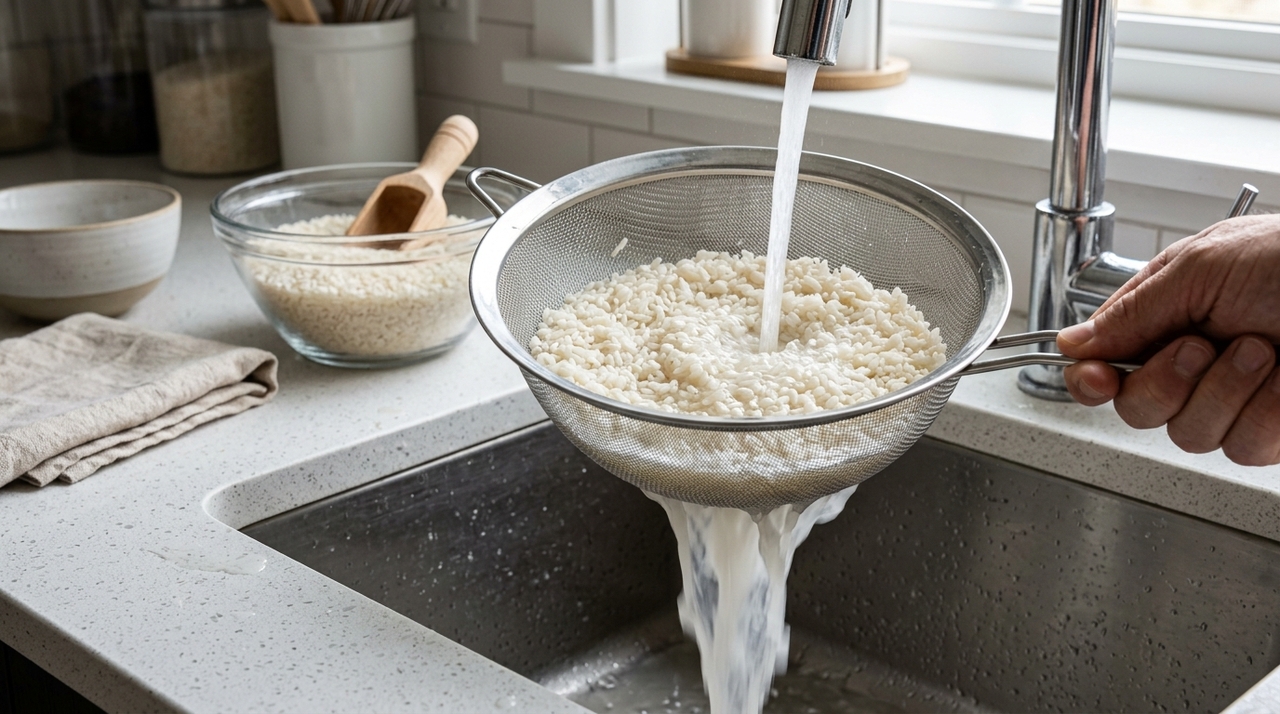 Os chefs concordam: “O arroz mais soltinho não precisa de mais água no cozimento, mas sim de uma etapa anterior diferente.” A etapa principal é lavar o arroz em água corrente até que a água saia menos turva.