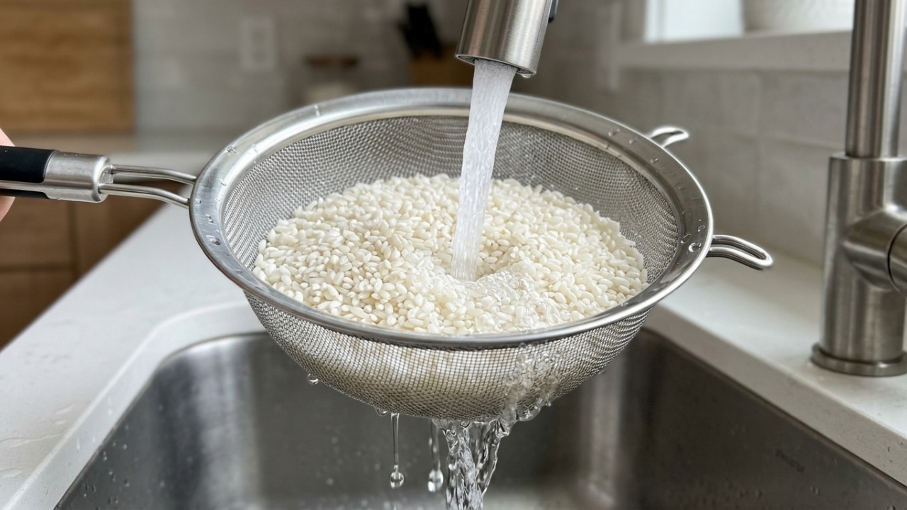 Lavar os grãos corretamente para retirar o excesso de amido é o passo mais importante para garantir um arroz perfeito e soltinho. – Imagem gerada por IA