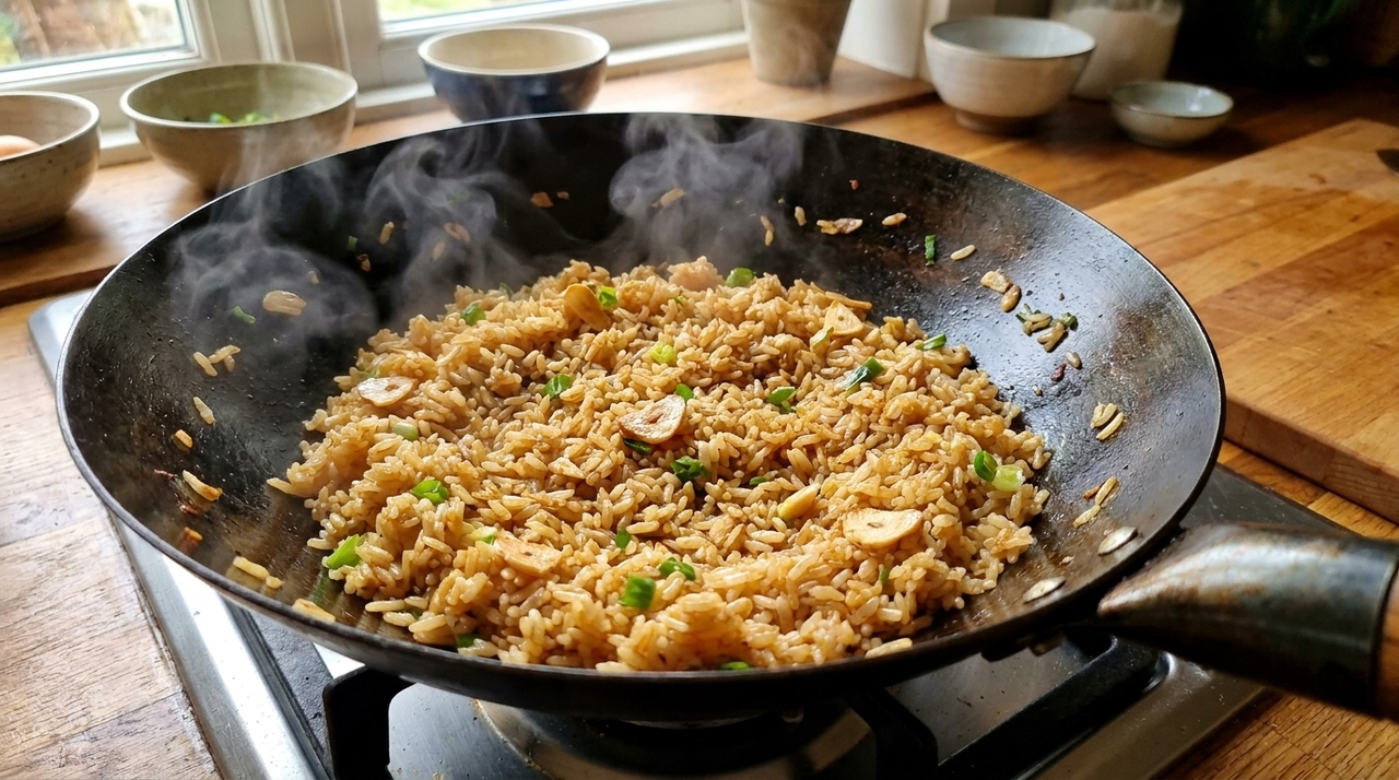 O melhor arroz frito não é feito com mais óleo, mas com 3 dentes de alho, cebolinha e molho shoyu Comece soltando o arroz frio com um garfo antes de levá-lo ao fogo