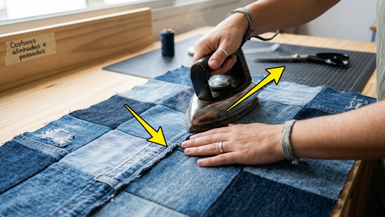 O acabamento cuidadoso com bordas coloridas valoriza o tapete de jeans e garante maior durabilidade à peça artesanal. – Imagem gerada por IA