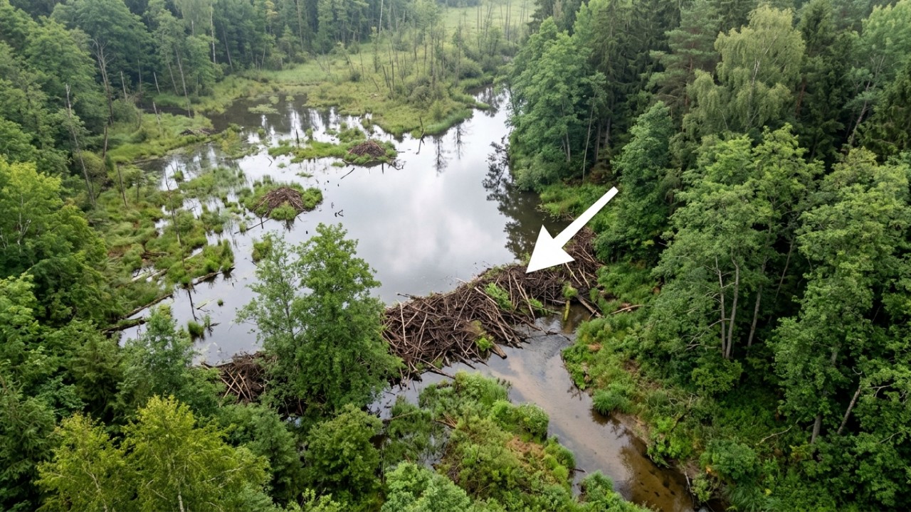 Barragens naturais de castores filtram a água e retêm carbono no solo. – Imagem gerada por IA