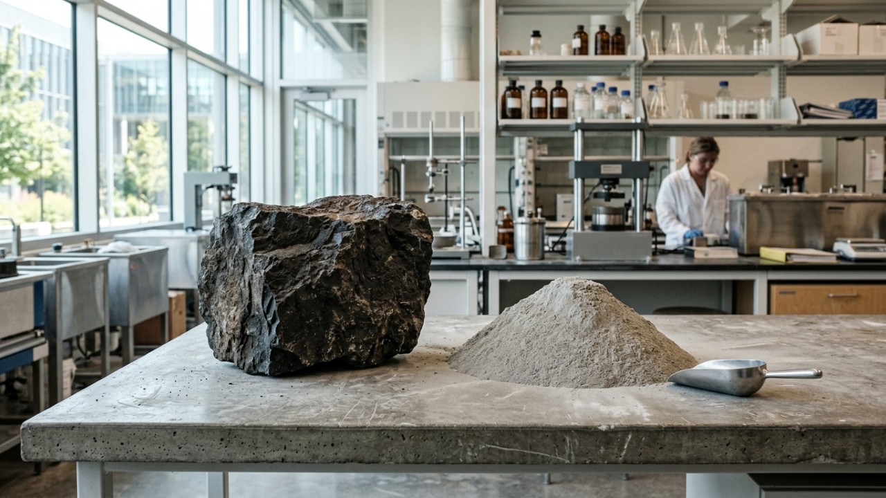 A abundância natural do basalto viabiliza uma produção de cimento ecológica sem comprometer a eficiência industrial. – Imagem gerada por IA