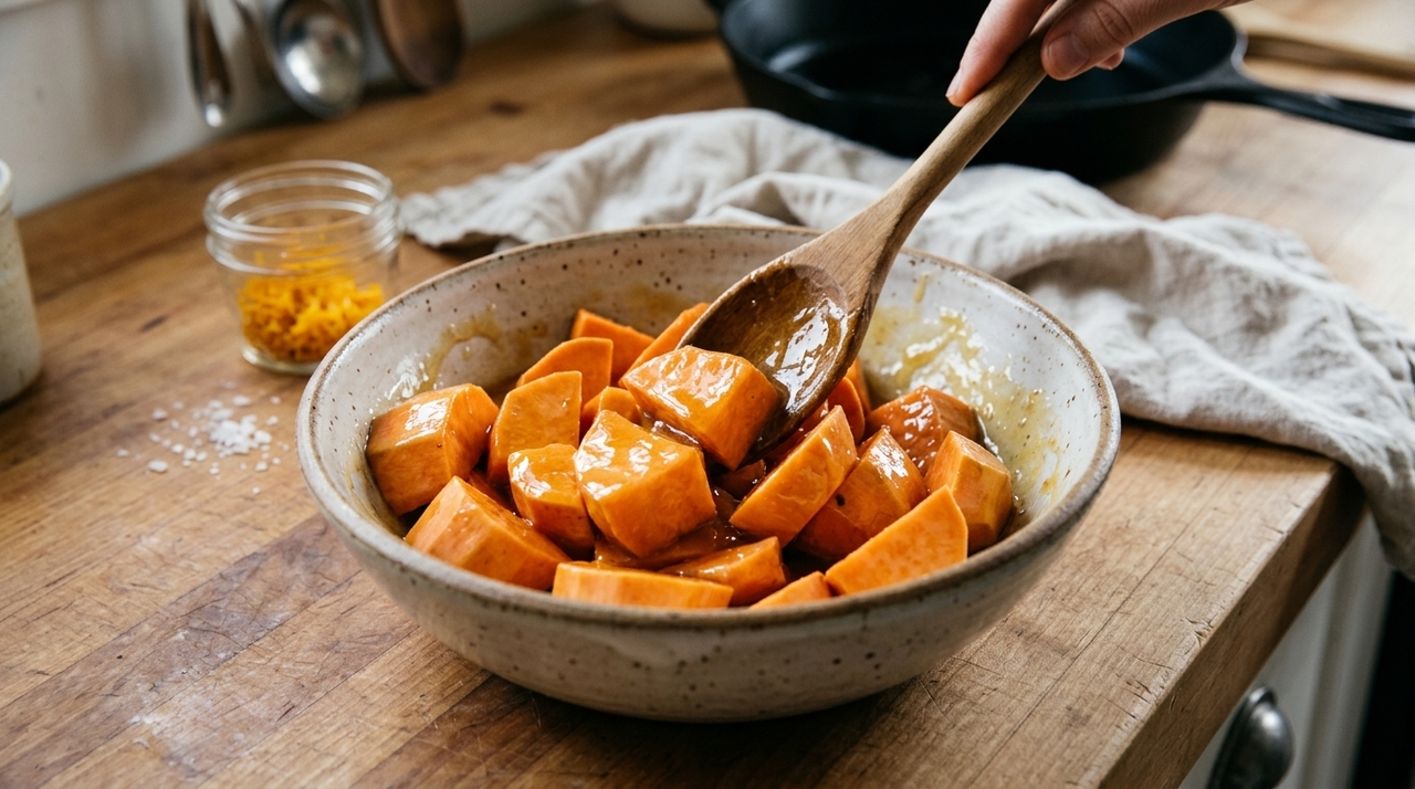 A primeira etapa é cozinhar a batata-doce em água por poucos minutos, apenas até começar a amaciar