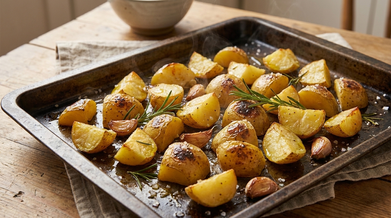 O alecrim combina naturalmente com batata porque libera um perfume intenso durante o forno