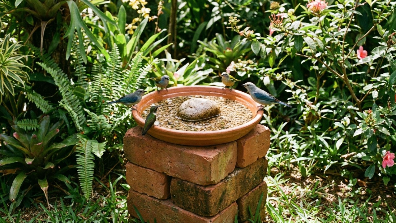 Quem tem um bebedouro para pássaros é orientado a colocar um item natural nele Montar um bebedouro simples com prato de plantas e tijolos atrai diversas espécies de pássaros para o seu jardim. – Imagem gerada por IA