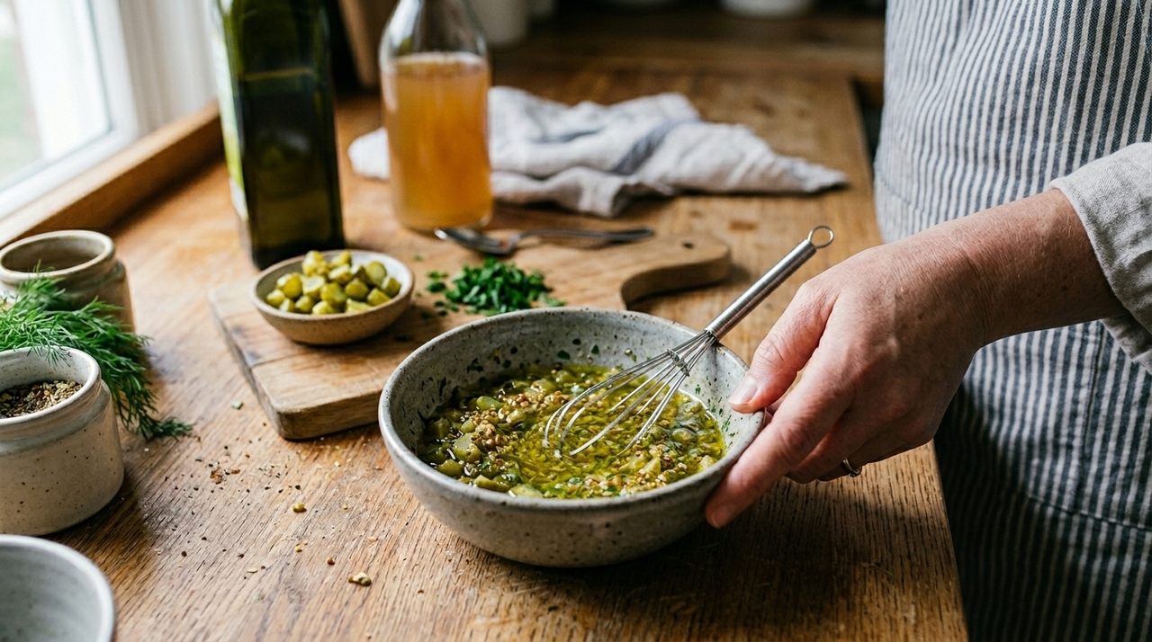Os cozinheiros espanhóis concordam: “O melhor molho para saladas não é apenas azeite e vinagre; fica muito melhor com picles.” Para fazer o molho para saladas, coloque vinagre, um pouco do líquido dos picles, mostarda e pimenta em uma tigela.