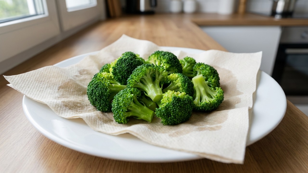 Como descongelar alimentos congelados? Os métodos oficiais de ensino da Topvalu incluem “revelador” e “experimentar” O uso estratégico de papel-toalha no micro-ondas evita que os vegetais congelados fiquem aguados e percam a textura crocante. – Imagem gerada por IA
