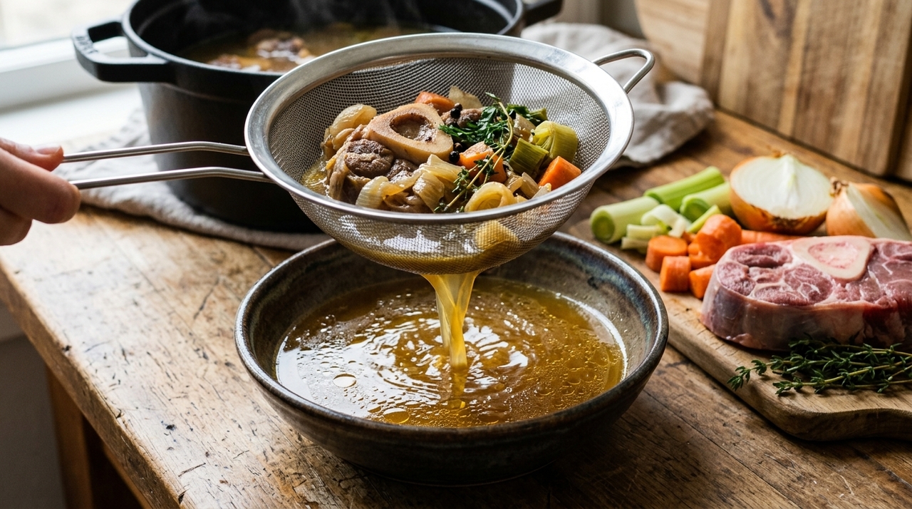 Jordi Cruz, chef espanhol: “O caldo de ossos leva 2 litros de água, 12 gramas de sal e 1 quilo de carne.” O fogo baixo permite que gordura, colágeno e compostos aromáticos passem lentamente para a água.