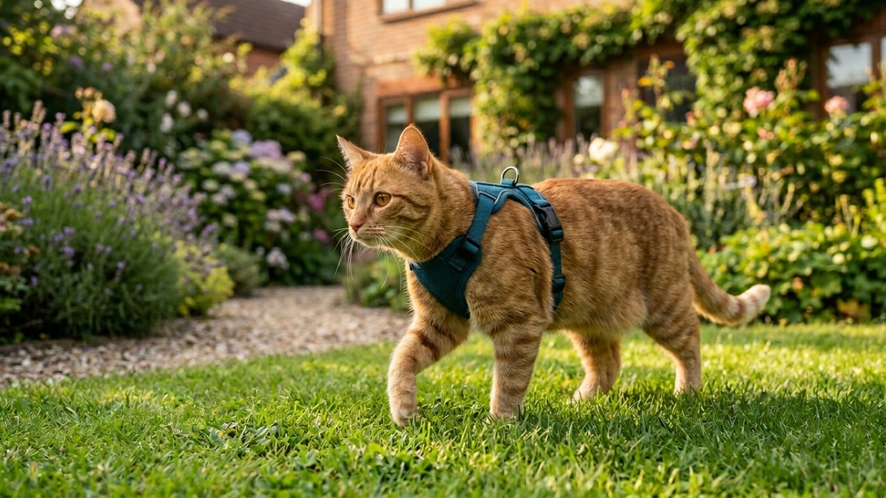 Passeios controlados ao ar livre são uma forma segura de enriquecer a rotina e estimular os instintos naturais dos felinos. – Imagem gerada por IA
