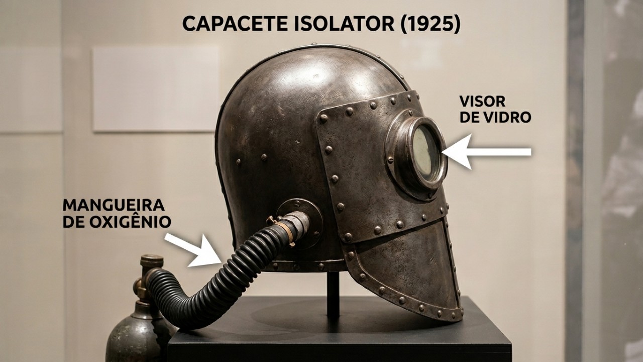 O capacete “Isolator” de 1925: a bolha para o cérebro que bloqueava ruídos, fornecia oxigênio e prometia proteger os gênios das distrações O capacete isolava o usuário visual e acusticamente para garantir foco total durante as tarefas. – Imagem gerada por IA