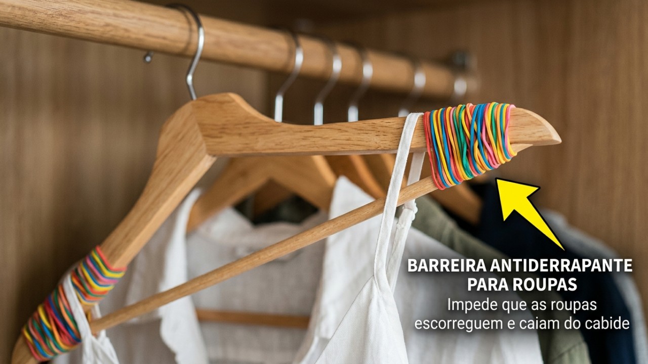 O uso de elásticos de borracha cria soluções criativas e antiderrapantes para organizar cabos, roupas e armários de forma econômica. – Imagem gerada por IA