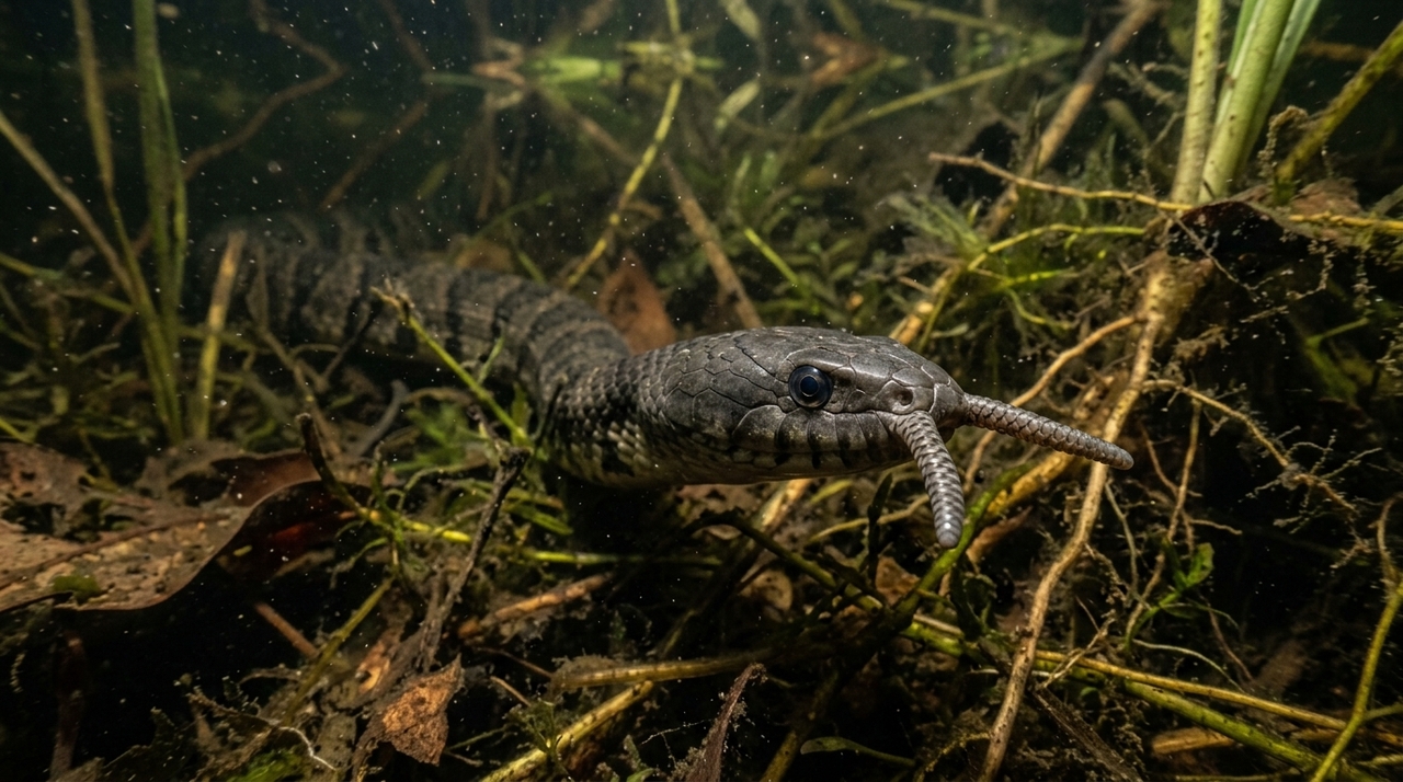 A cobra-tentáculo é uma serpente aquática conhecida cientificamente como Erpeton tentaculatum.