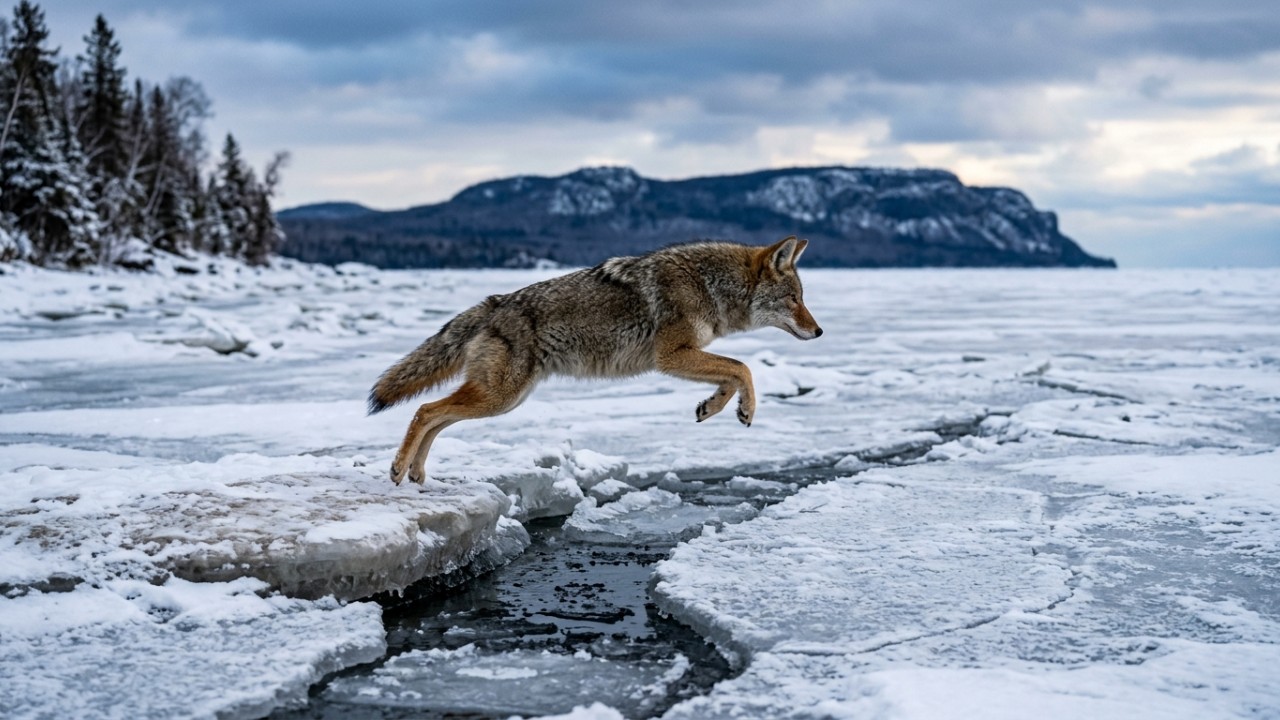 O registro do coiote em pleno ar no Lago Superior reflete a impressionante agilidade do animal e a persistência do fotógrafo. – Imagem gerada por IA