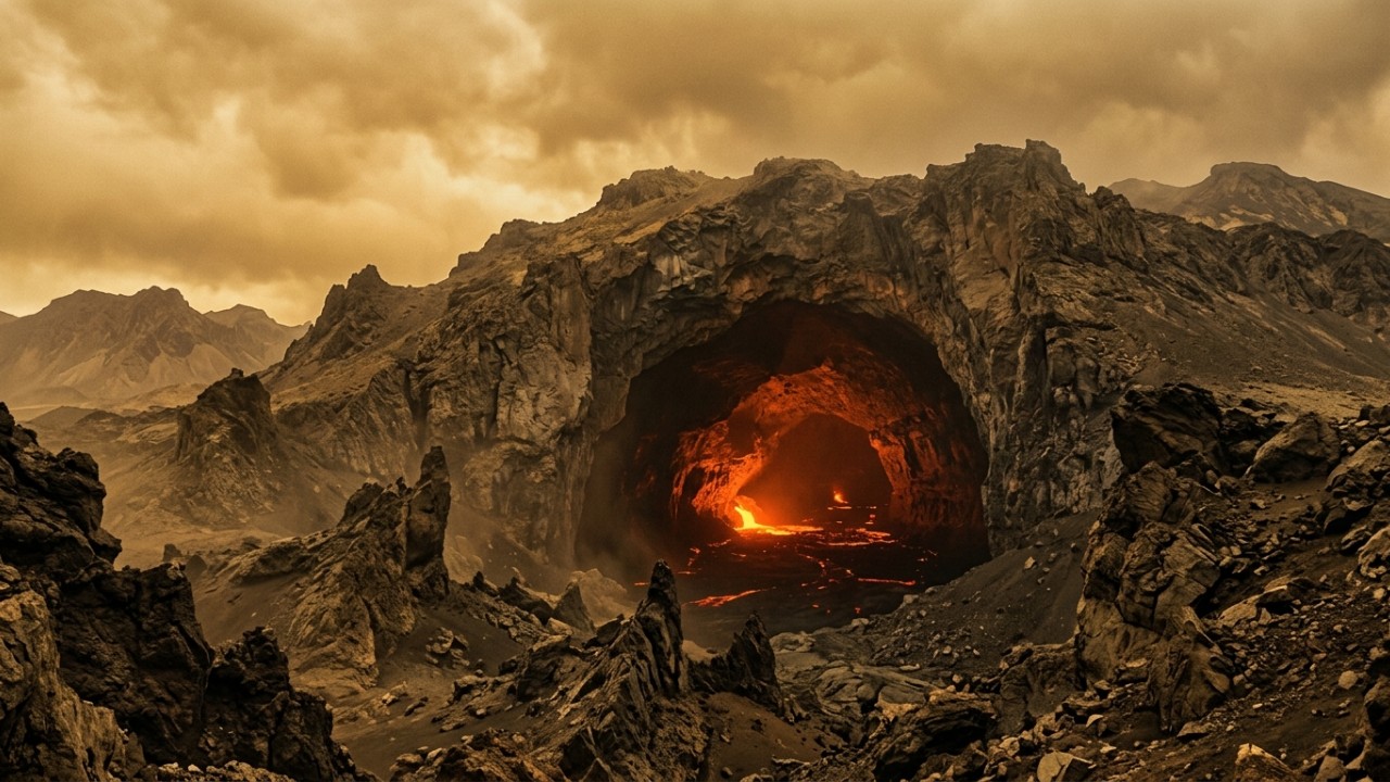 Astrônomos confirmam pela primeira vez a existência de uma grande caverna vulcânica em Vênus Cientistas confirmam a existência de uma colossal caverna vulcânica no subsolo de Vênus. – Imagem gerada por IA